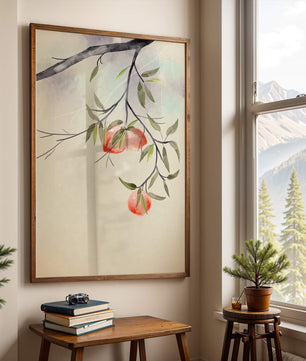 Peaceful Botanical Illustration of Branches with Leaves and Peaches - Mi tienda