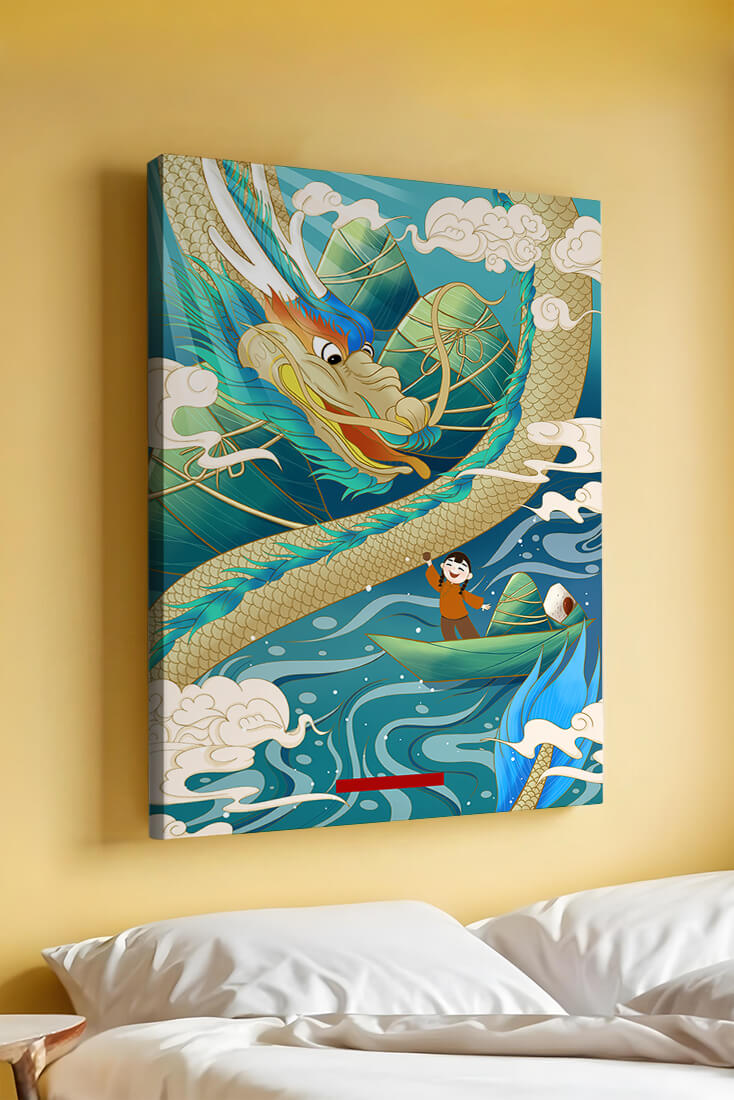 Colorful dragon and child illustration with vibrant waves and clouds