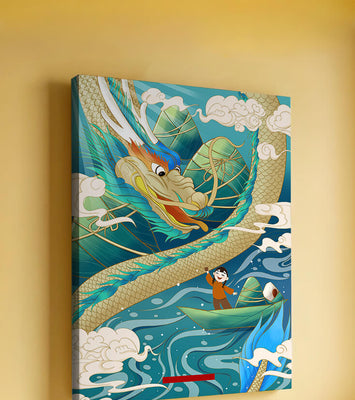 Colorful dragon and child illustration with vibrant waves and clouds
