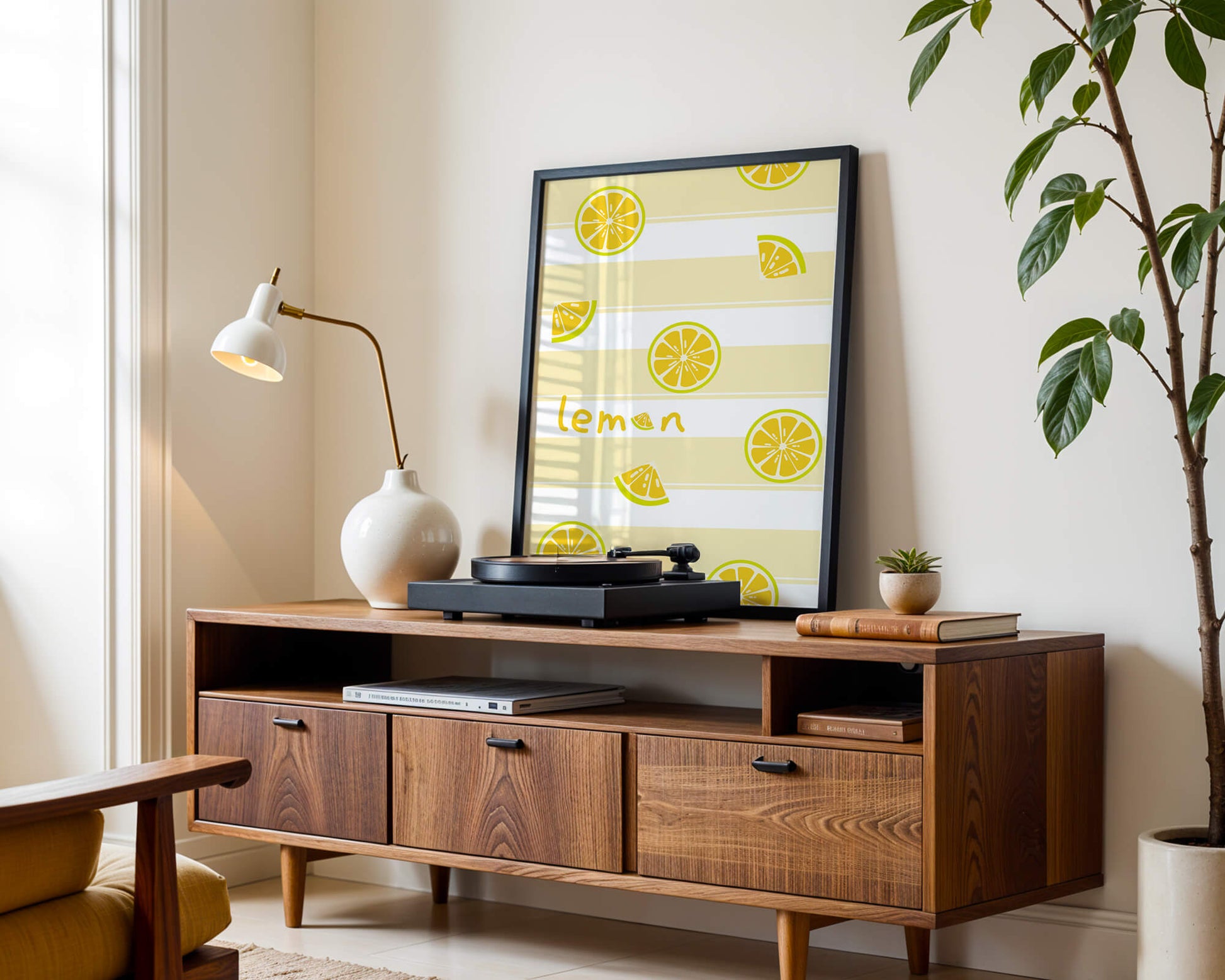 Yellow lemon slices pattern with bold stripes