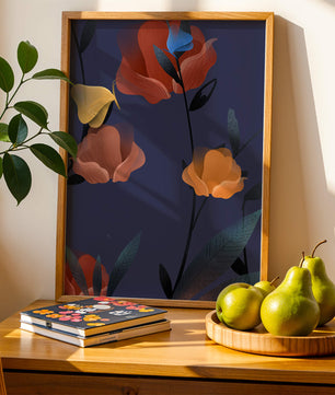 Abstract Floral Illustration with Colorful Flowers on Dark Background