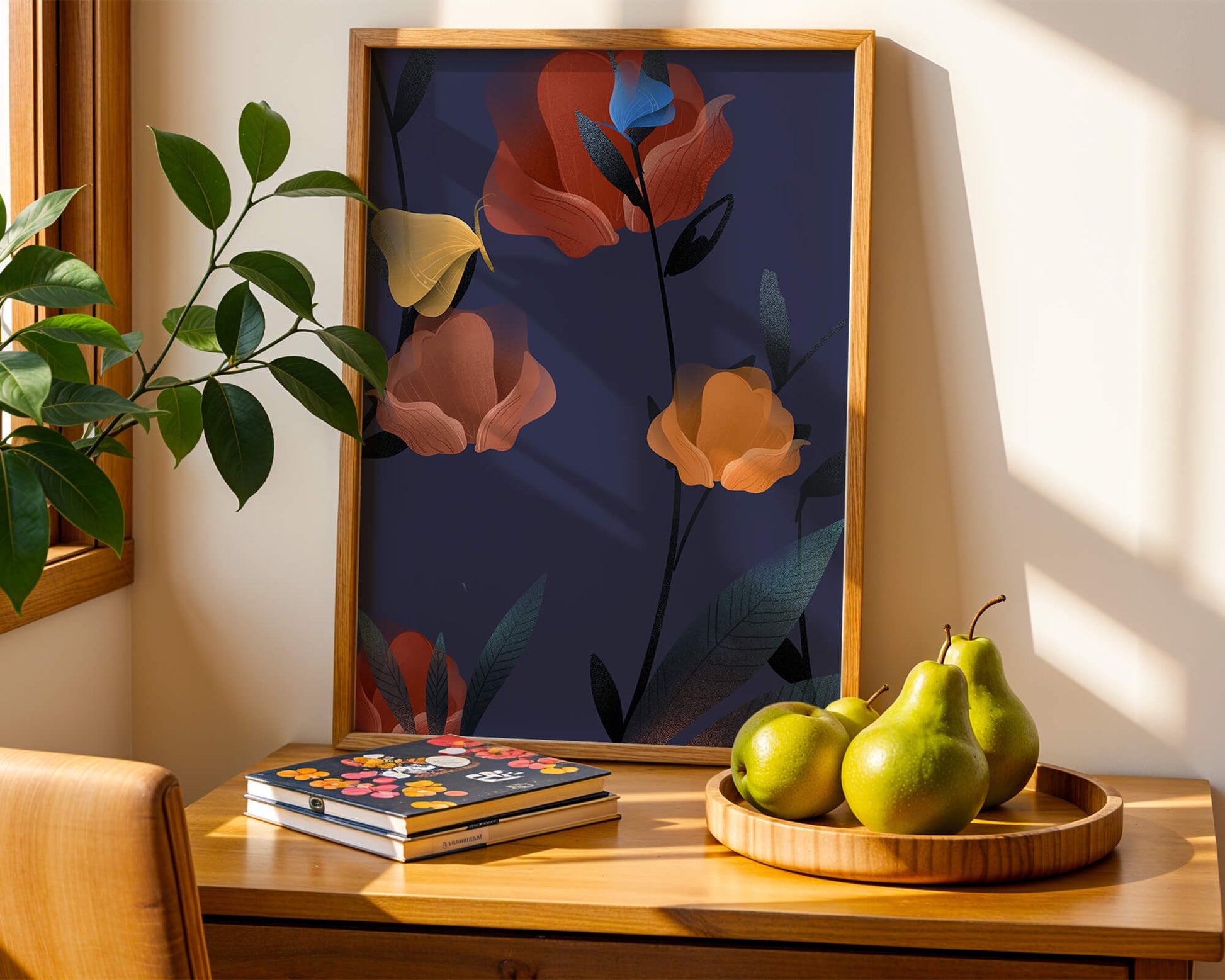 Abstract Floral Illustration with Colorful Flowers on Dark Background