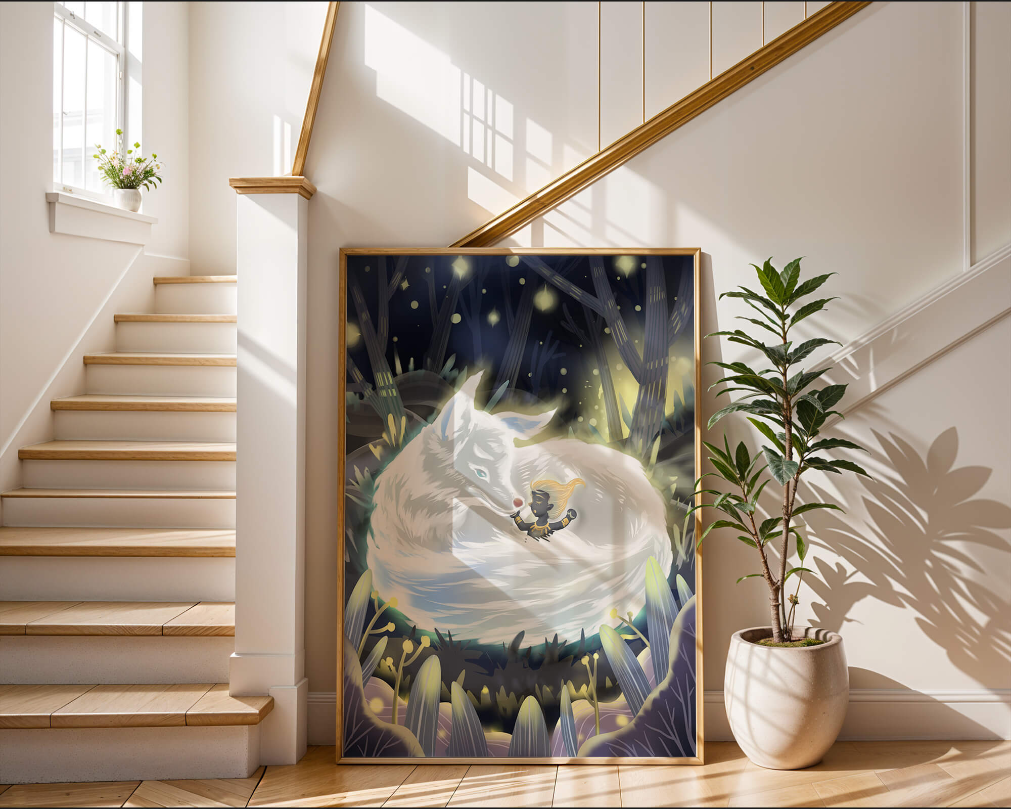 Whimsical forest scene with a sleeping wolf and a mysterious figure at night