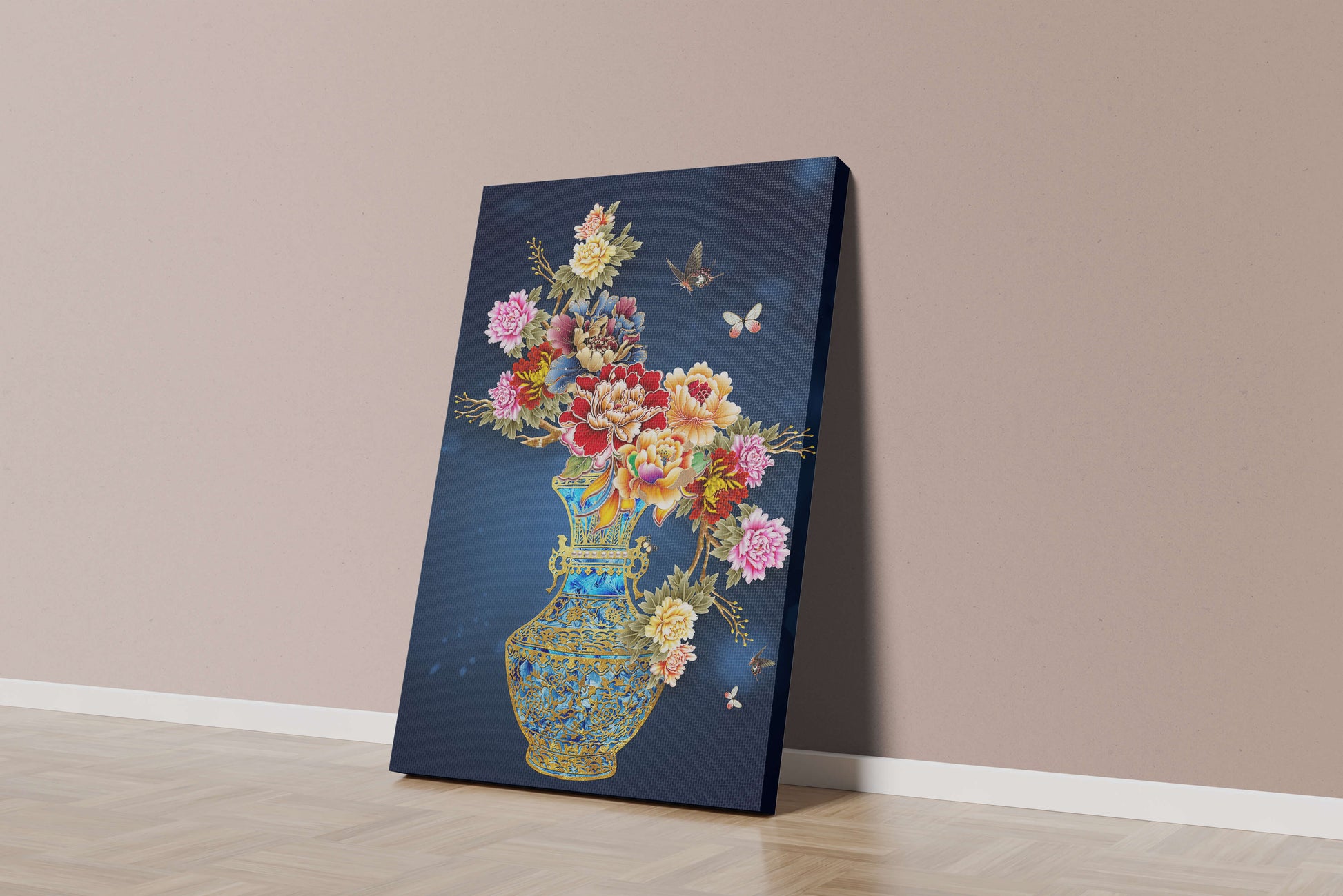 Elegant floral arrangement in ornate gold-accented vase with butterflies