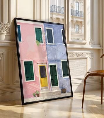 Charming pastel houses with colorful doors and windows