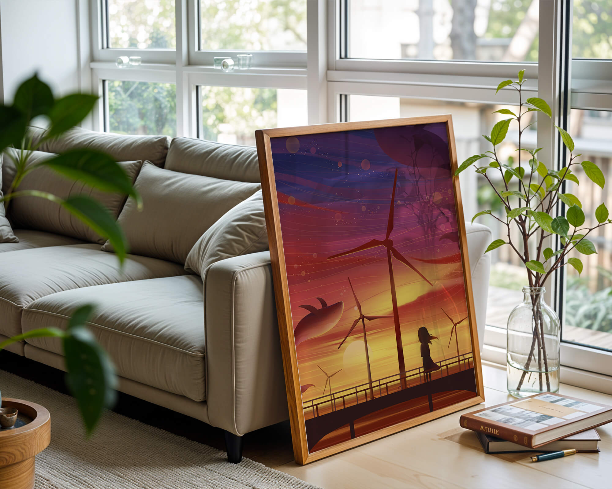 Enchanting sunset scene with wind turbines and silhouette of a girl