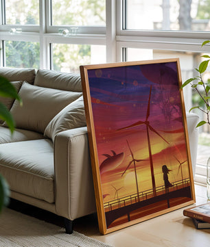 Enchanting sunset scene with wind turbines and silhouette of a girl