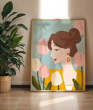Illustration d'une femme avec des tulipes et des boucles d'oreilles élégantes