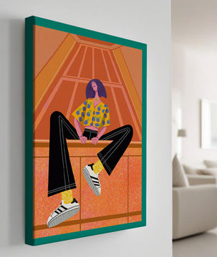 Stylish woman sitting in a vibrant geometric setting