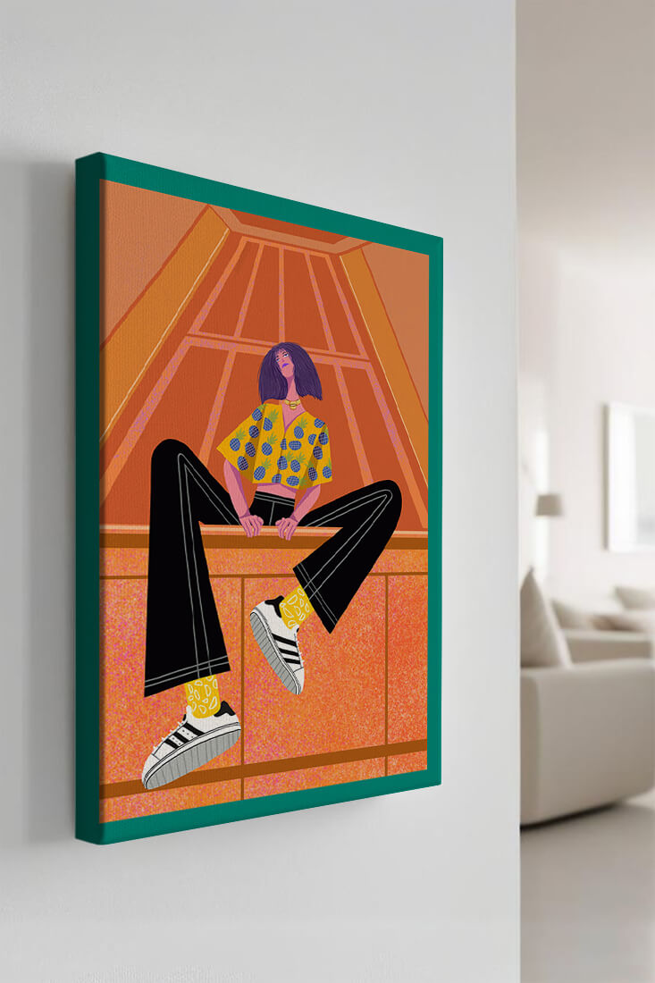 Stylish woman sitting in a vibrant geometric setting