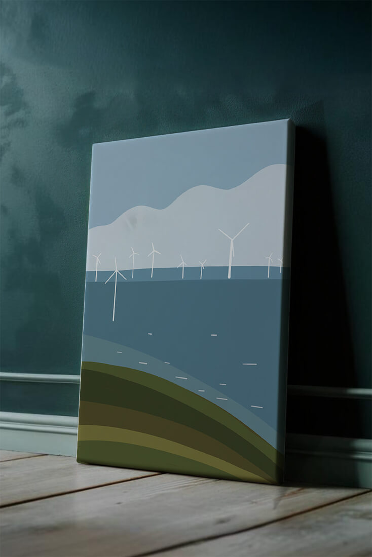 Wind Turbines on Rolling Hills Against a Clear Blue Sky