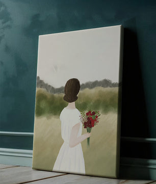 Woman in White Dress Holding Bouquet Facing Nature