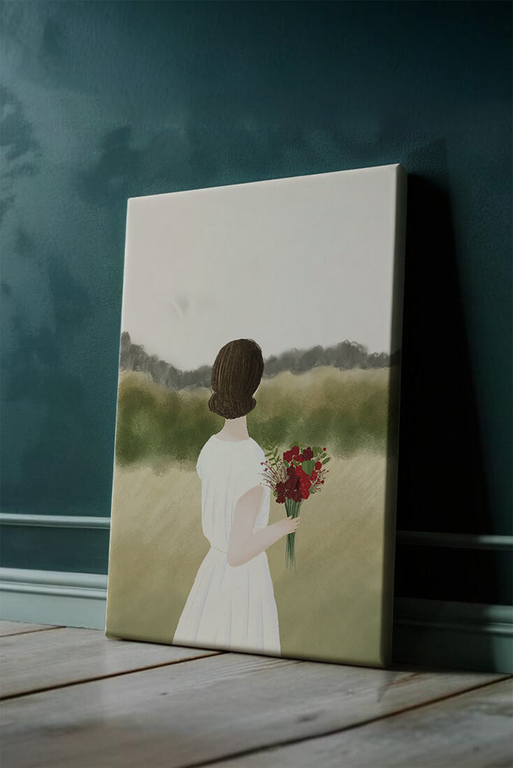 Woman in White Dress Holding Bouquet Facing Nature