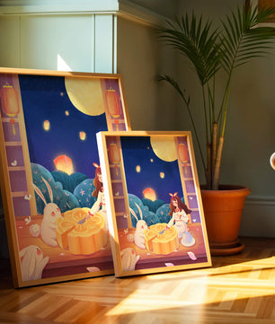 Moonlit Night with Lanterns and Tea Ceremony Featuring Rabbits and Mooncakes