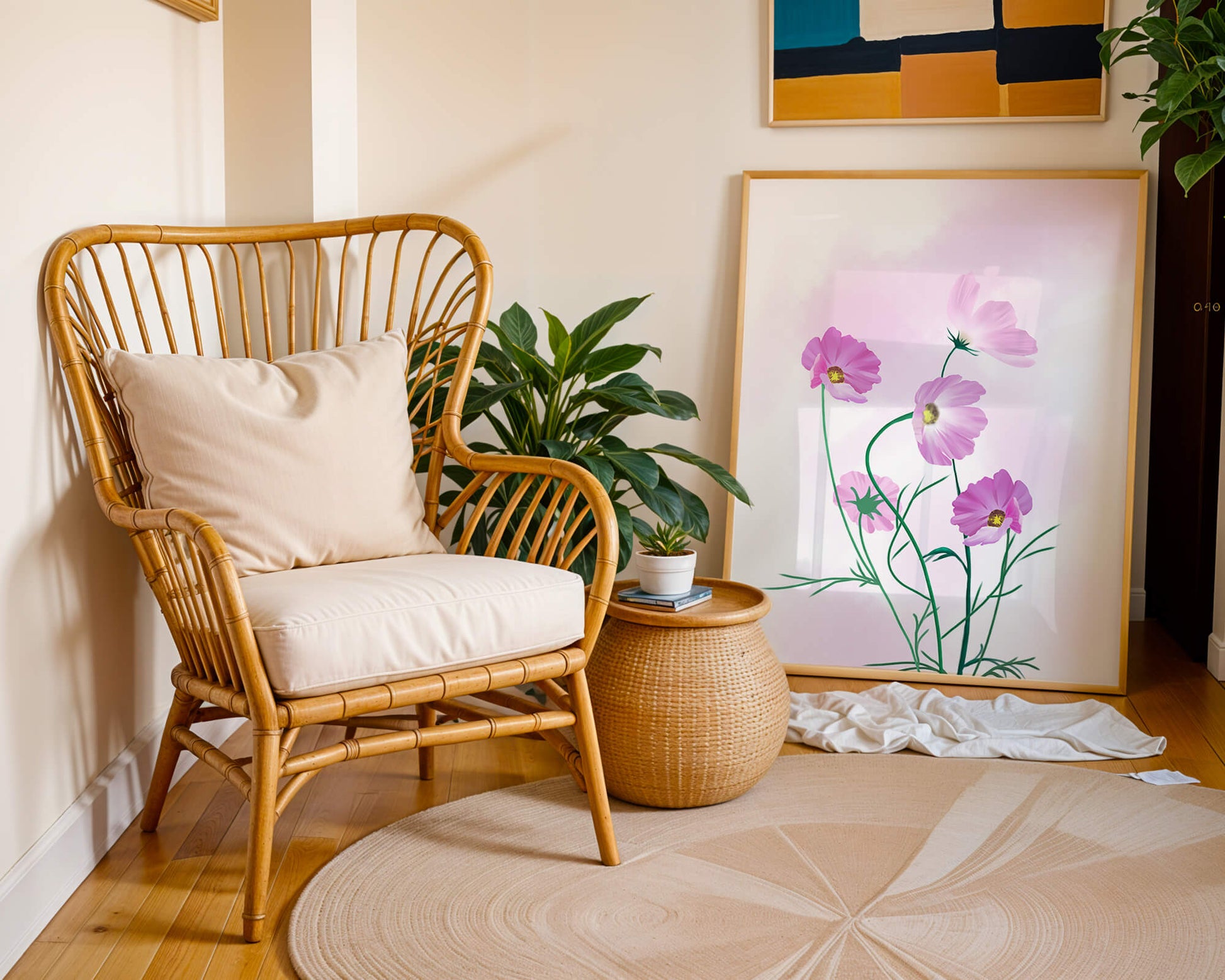 Digital illustration of pink cosmos flowers against a soft pastel background