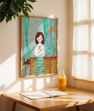 Charming Illustration of Woman and Cat in Cozy Living Room
