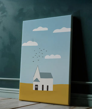 Paisaje minimalista con una casa blanca y cielo
