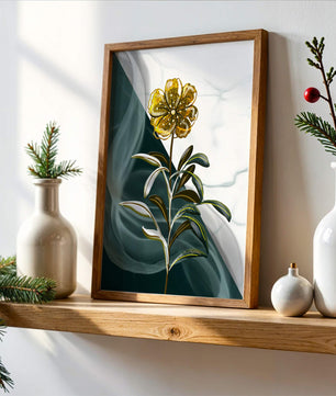 Abstract floral design featuring a golden flower with textured leaves