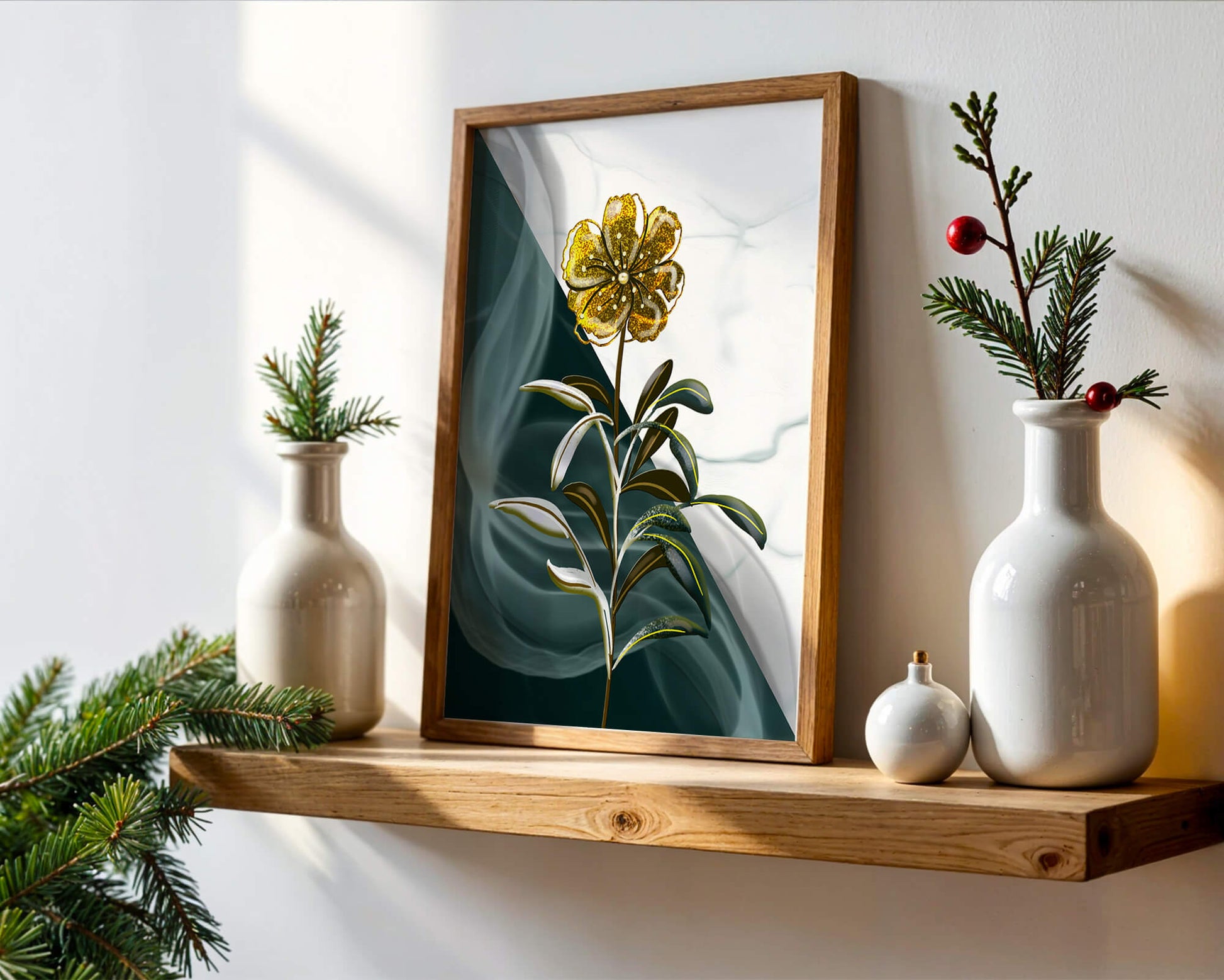 Abstract floral design featuring a golden flower with textured leaves