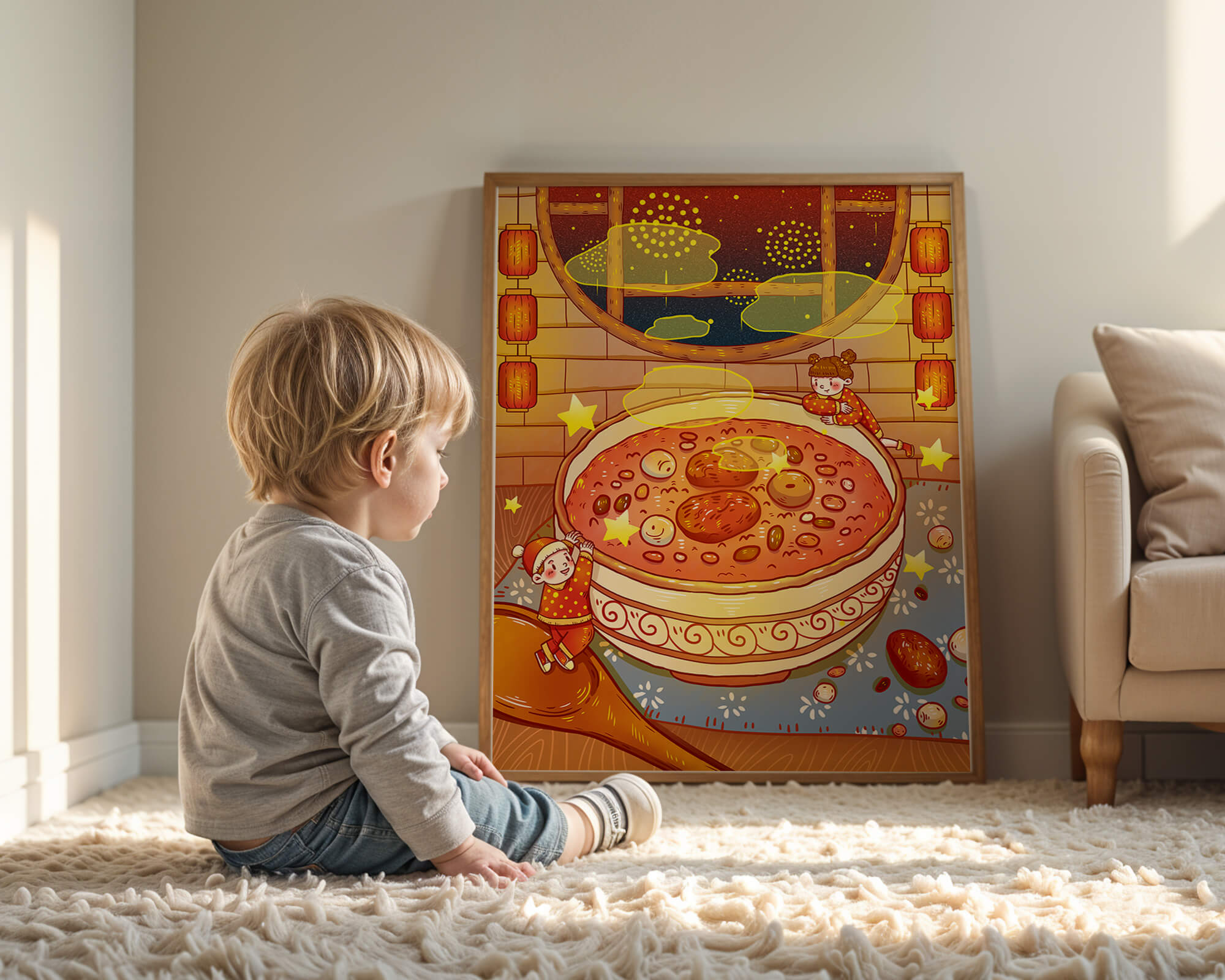 Cozy festive scene with children, a large bowl of soup, and lanterns