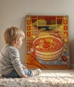 Scène festive et chaleureuse avec des enfants, un grand bol de soupe et des lanternes