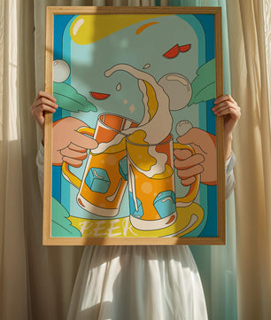 Colorful Illustration of Two Clinking Beer Mugs with Ice Cubes and Citrus Slices