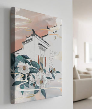 Escena arquitectónica serena con flores y cielo de atardecer