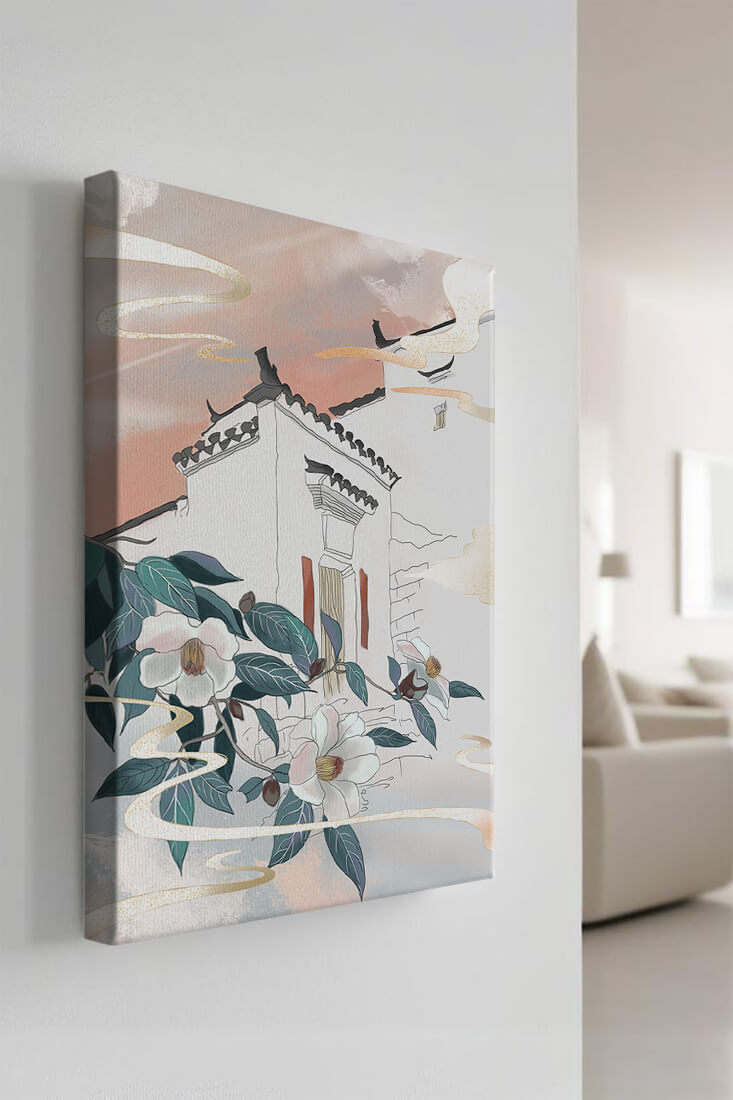 Escena arquitectónica serena con flores y cielo de atardecer