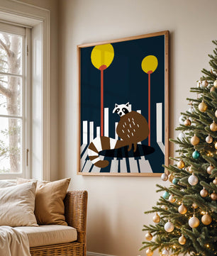 Raccoon Illustration with Urban Street Lamps and Geometric Design