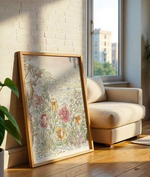 Charming Garden with Bunnies and Blossoming Trees