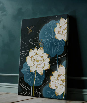 Elegant lotus flowers with dragonflies on a starry night background