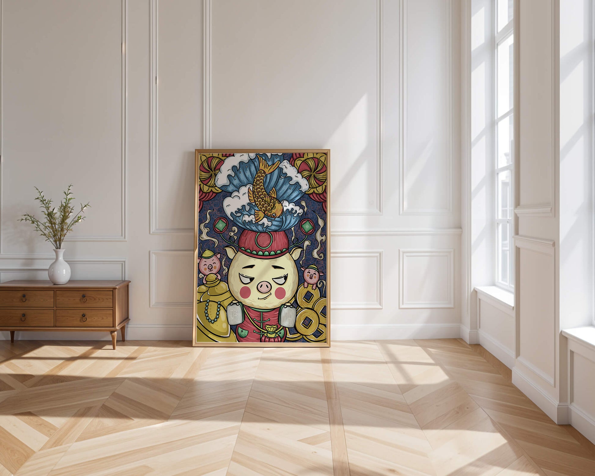 Colorful illustration featuring a whimsical pig and koi fish with decorative elements