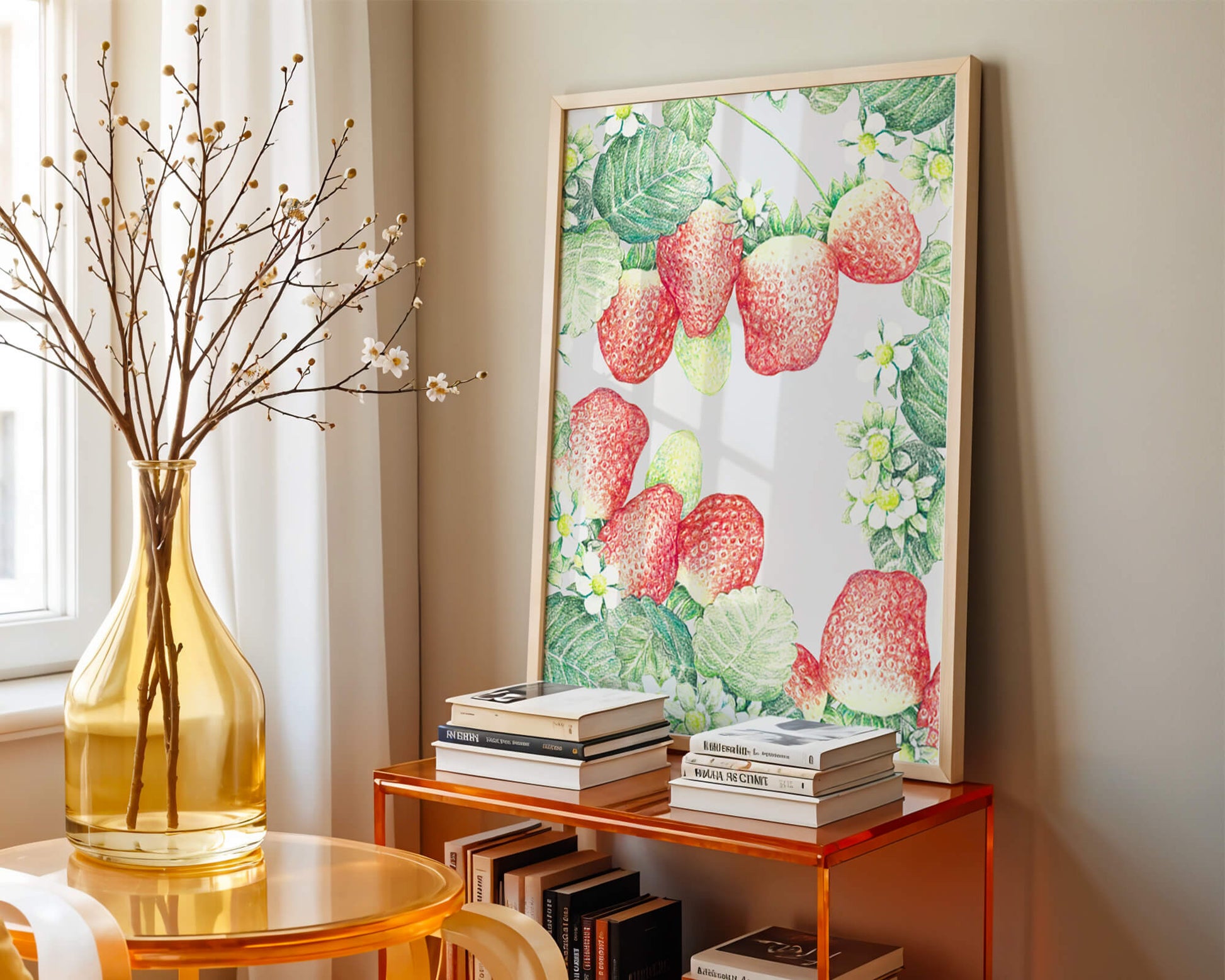 Illustration of strawberries and flowers with lush green leaves