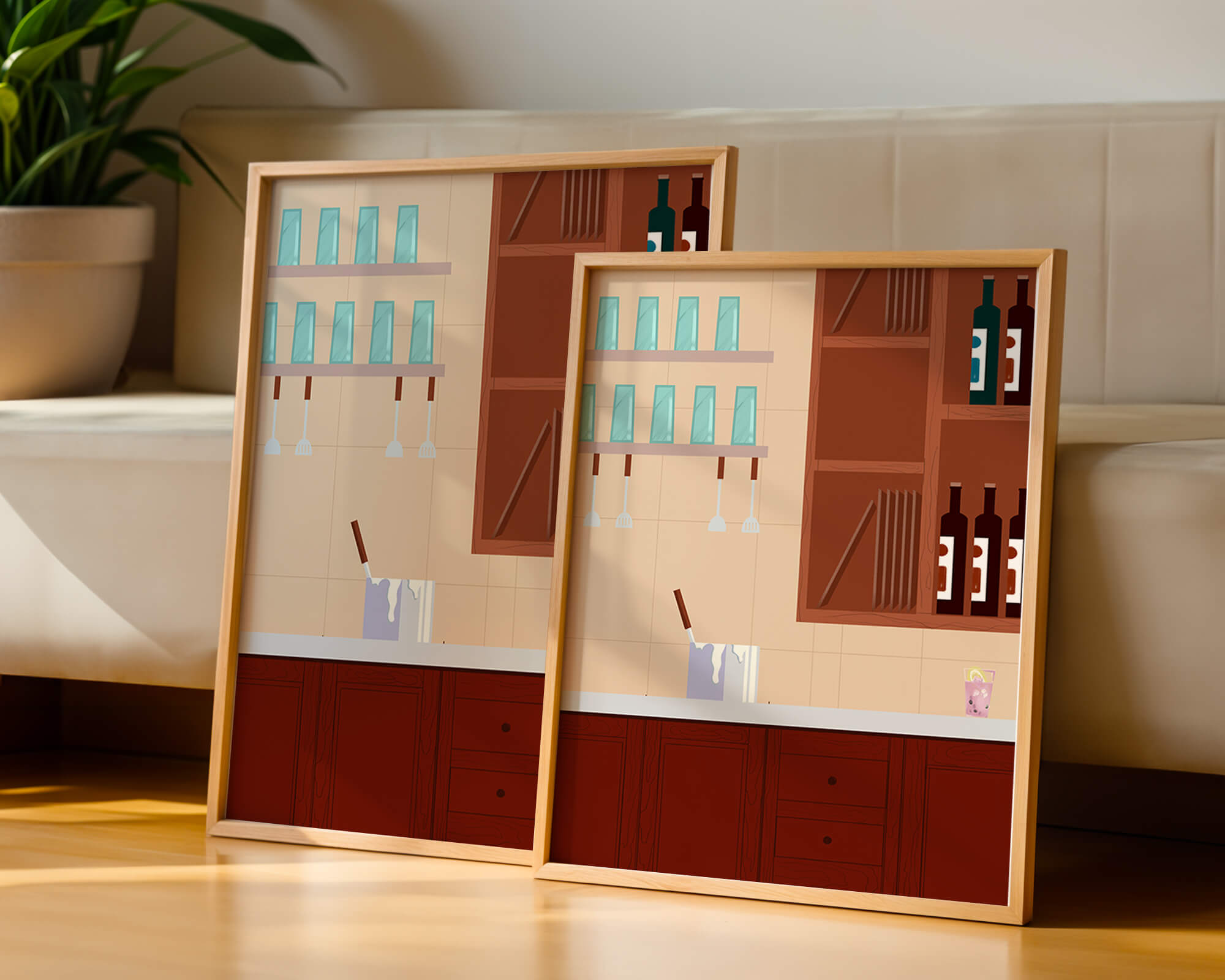 Modern kitchen interior with wooden cabinets and glass shelves