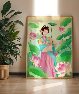 Traditional Asian woman in a garden surrounded by lotus flowers and green leaves