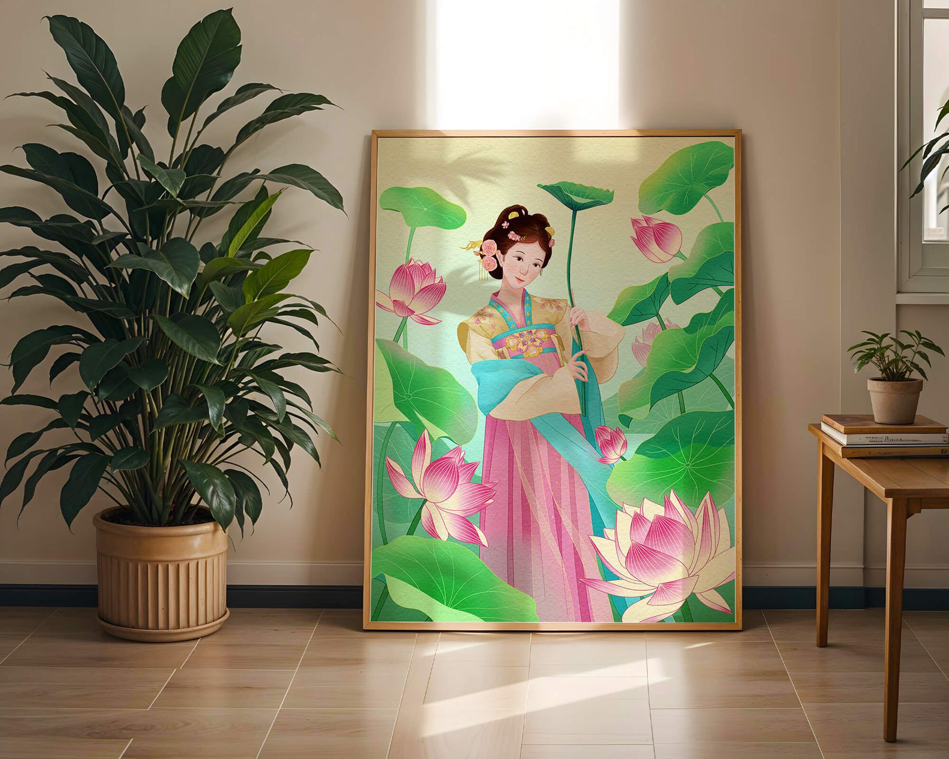 Traditional Asian woman in a garden surrounded by lotus flowers and green leaves