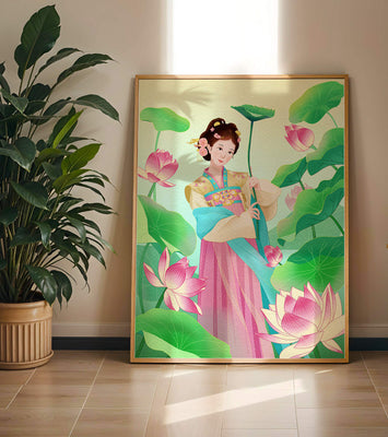Traditional Asian woman in a garden surrounded by lotus flowers and green leaves