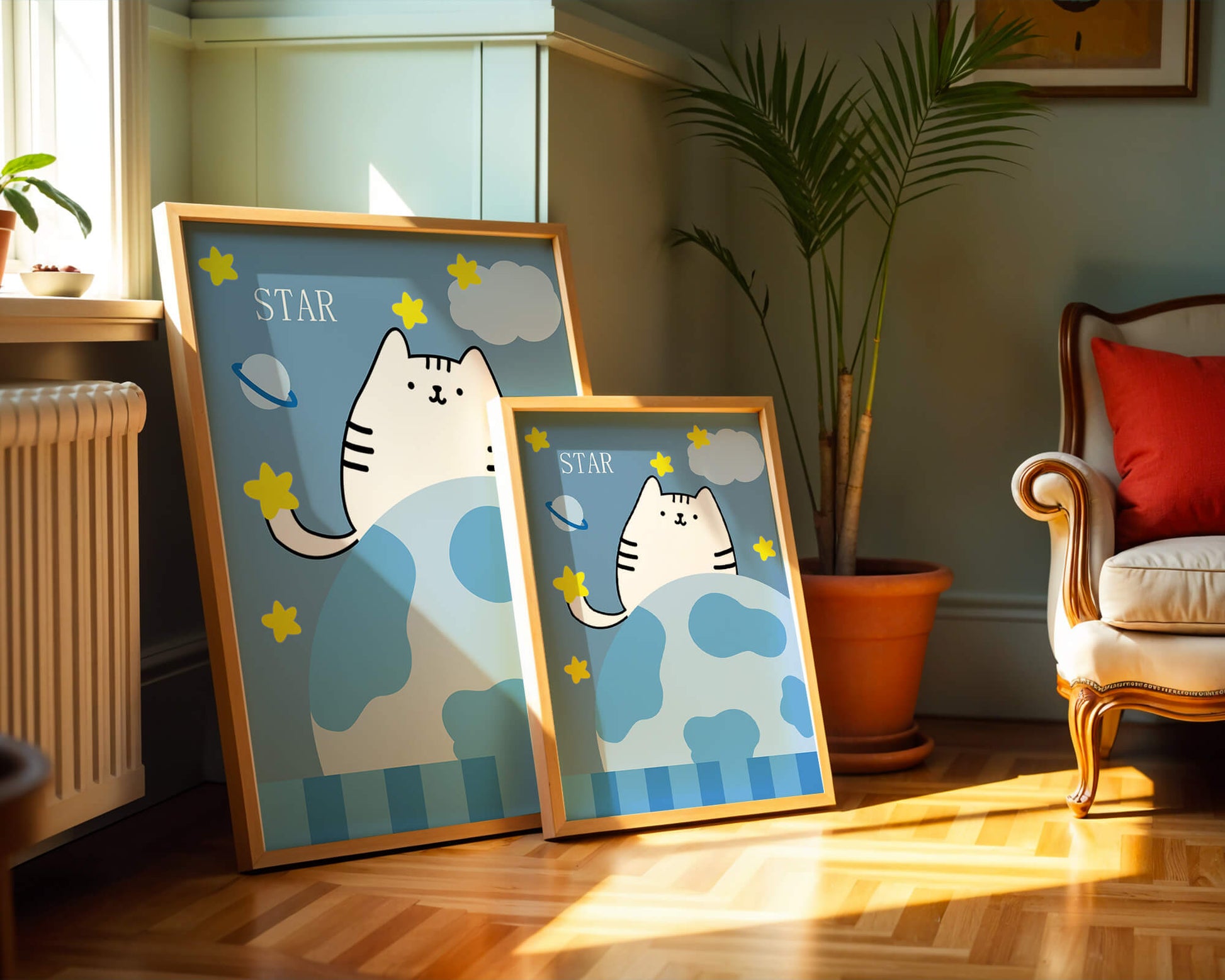 Illustration of a cute cat in space with stars and planets