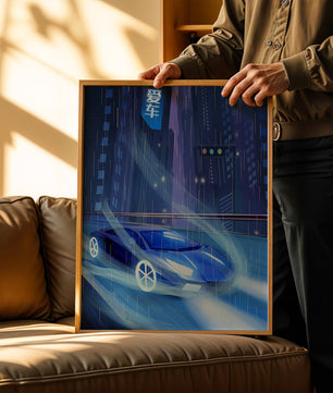 Futuristisches blaues Auto rast durch neonbeleuchtete, verregnete Stadtlandschaft