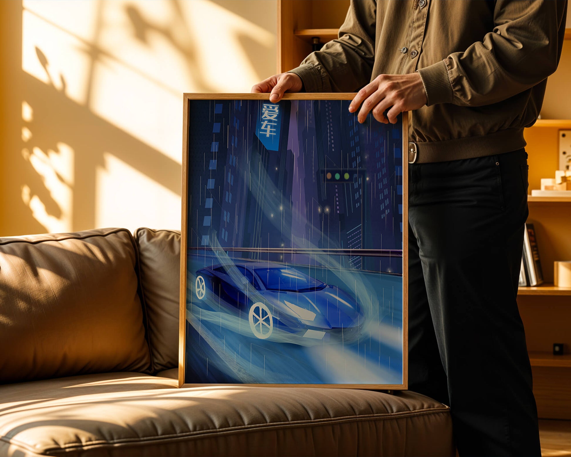 Futuristic blue car speeding through neon-lit rainy cityscape