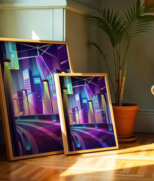 Futuristic Neon Cityscape with Illuminated Skyscrapers and Curved Road