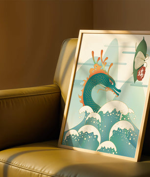 Illustration d’un dragon avec des vagues et des éléments traditionnels chinois
