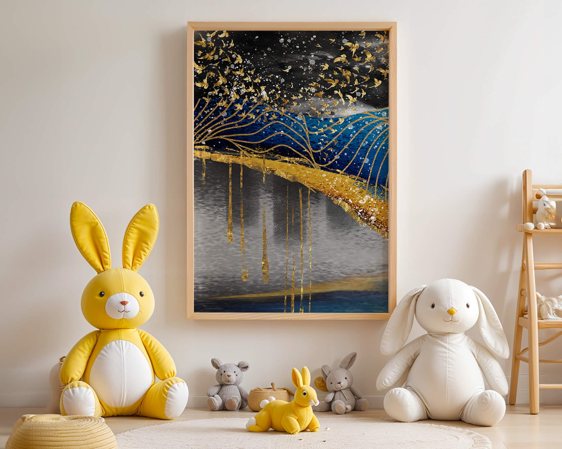Abstract Night Sky With Golden Birds And Waves
