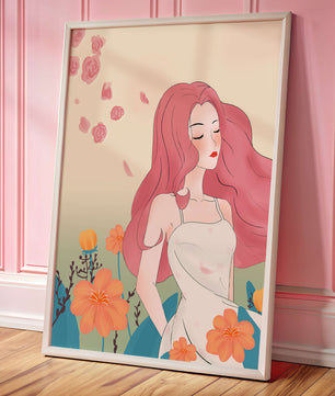 Illustration of a serene woman in a floral dress with flowing red hair