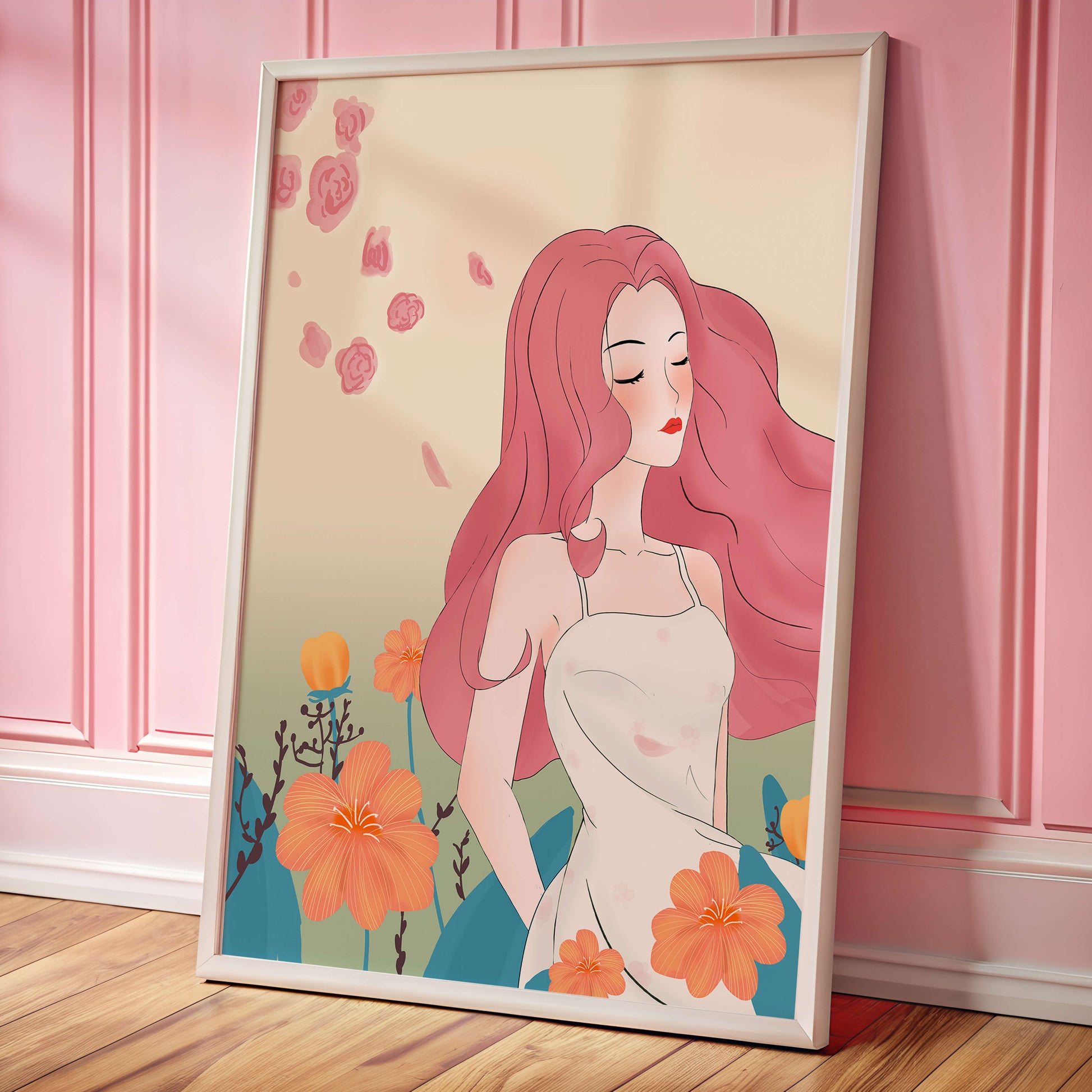 Illustration of a serene woman in a floral dress with flowing red hair