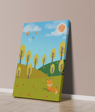 Whimsical landscape with hot air balloons and a fox in autumn scenery