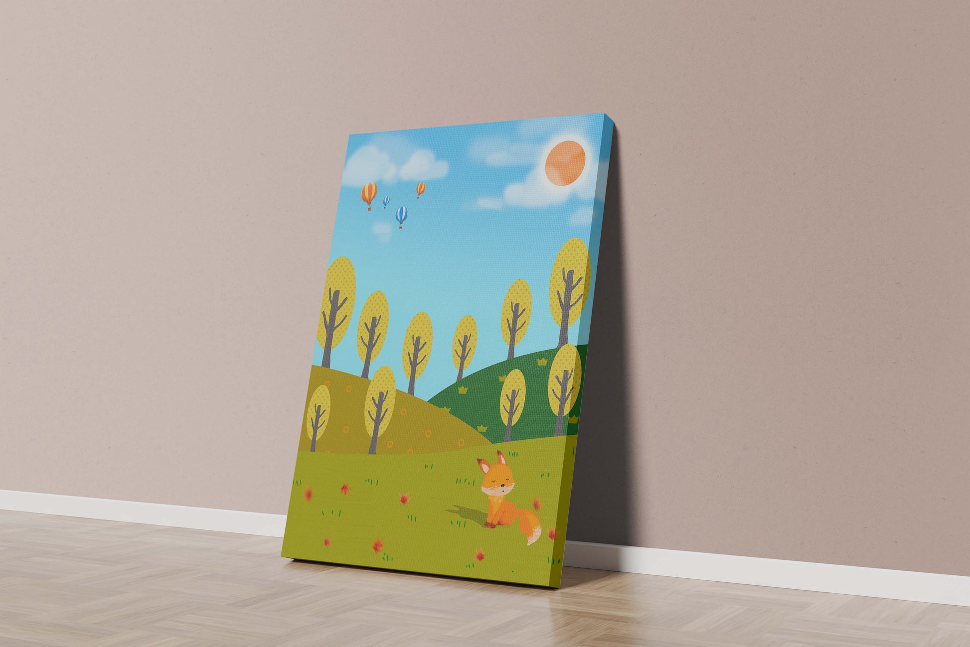Whimsical landscape with hot air balloons and a fox in autumn scenery