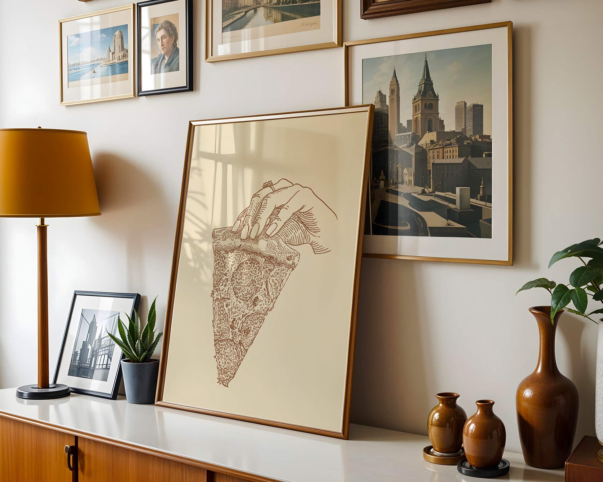 Hand holding a detailed vintage pizza slice illustration