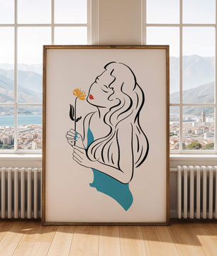 Ilustración estilizada de una mujer con una flor y elementos abstractos