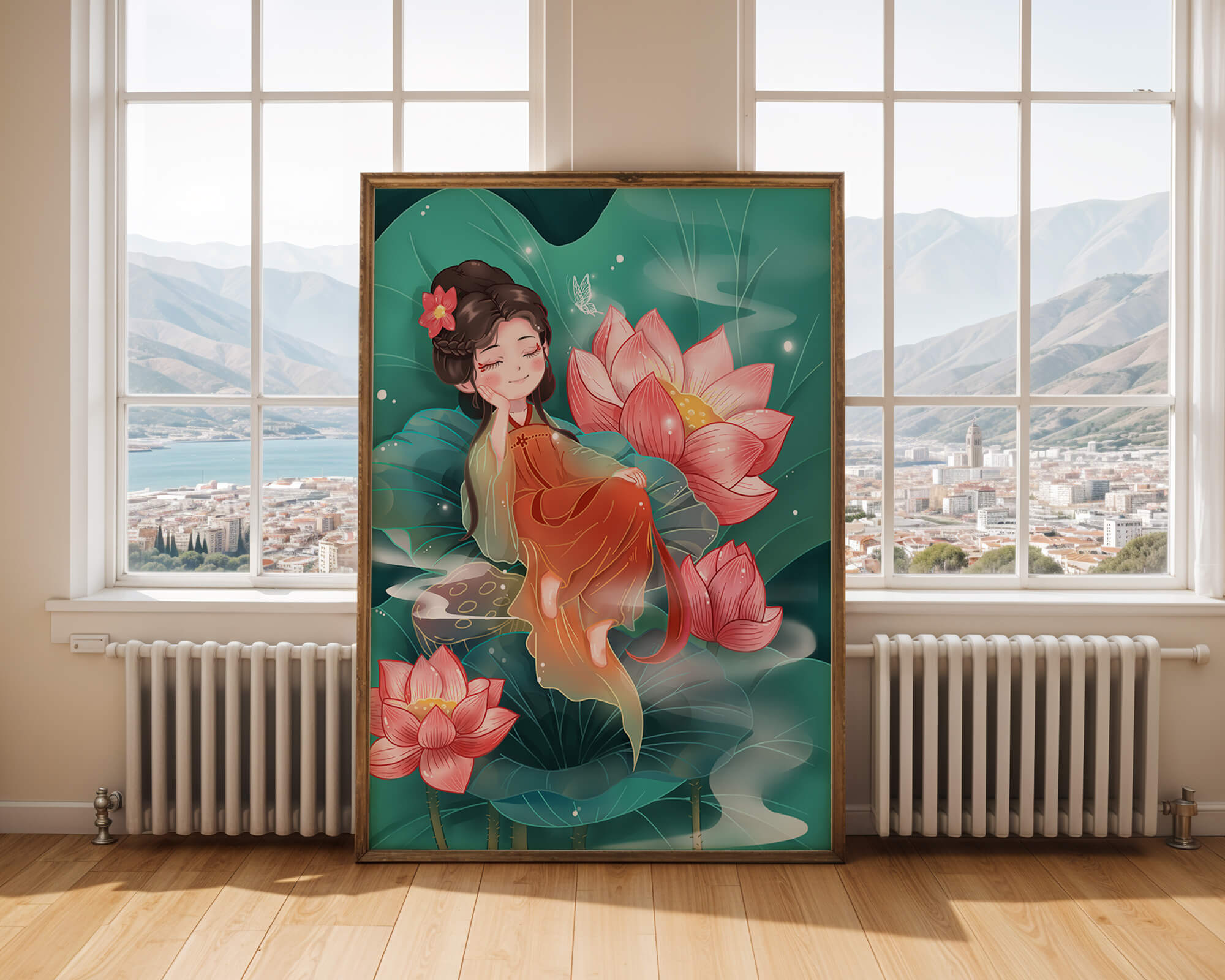 Charming illustration of a girl resting amidst lotus flowers